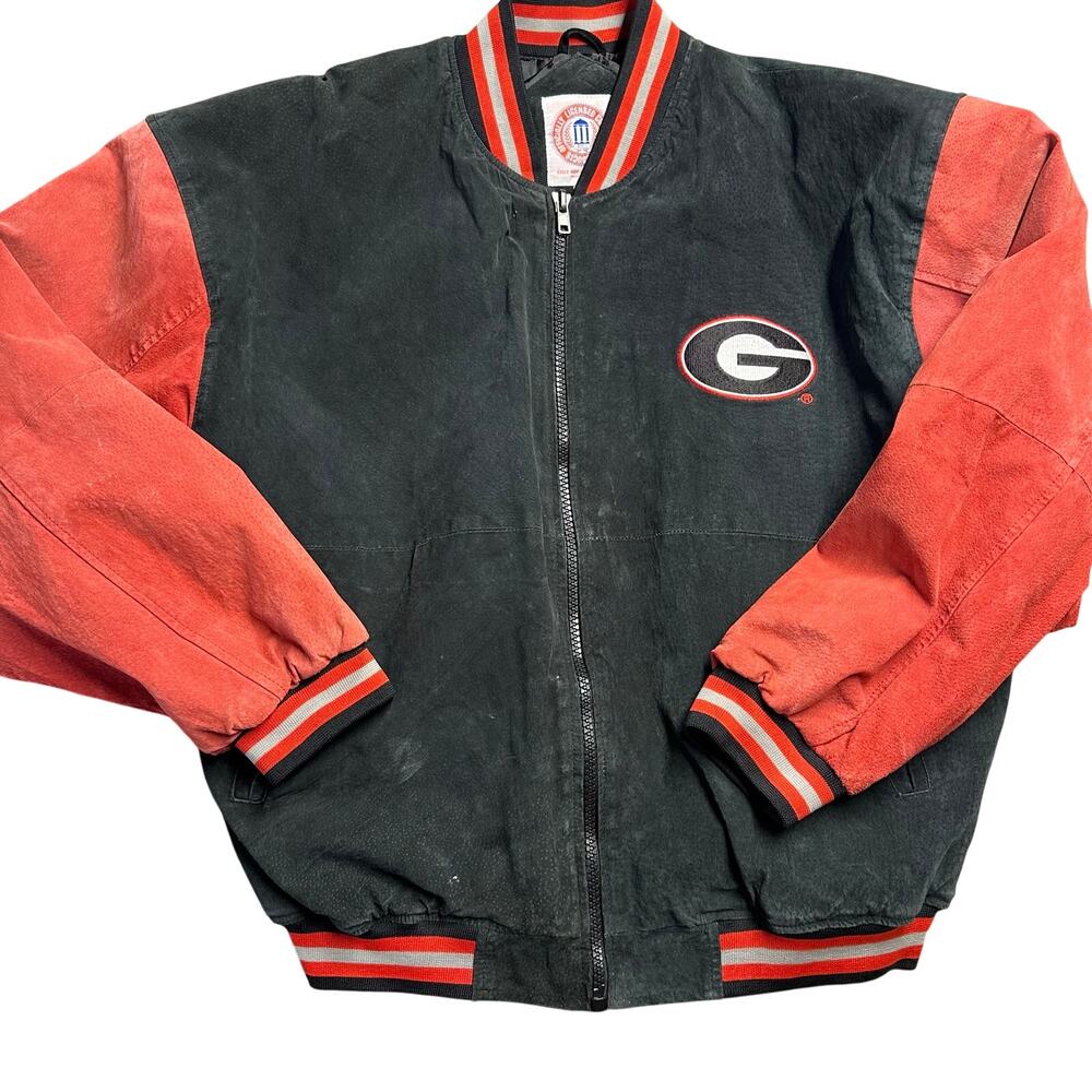 Vintage Georgia Bulldogs UGA Suede Leather Black Red Letterman Bomber Jacket Lg